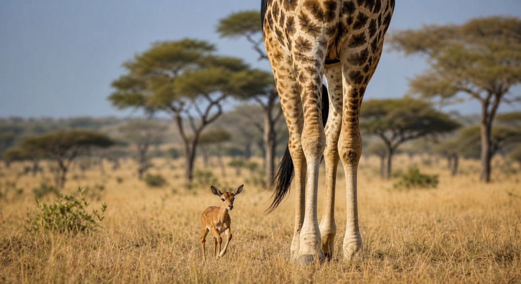A tiny impala calf walking alongside towering giraffes in the African savanna. A tiny impala calf walking alongside towering giraffes in the African savanna.